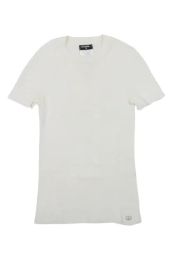 Ivory linen-blend crewneck short sleeve pullover micro-rib knit top with enamel logo plaque appliqué