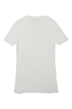 Ivory linen-blend crewneck short sleeve pullover micro-rib knit top with enamel logo plaque appliqué