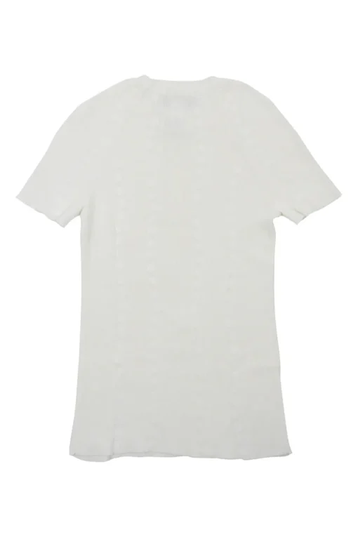 Ivory linen-blend crewneck short sleeve pullover micro-rib knit top with enamel logo plaque appliqué