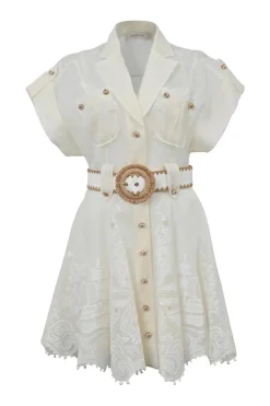 Ivory linen-silk blend semi-sheer safari-style belted mini dress with notch collar, dolman sleeves, and scalloped hem