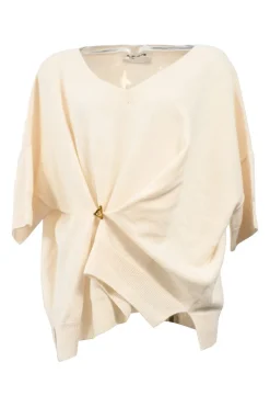 Ivory merino wool and cashmere-blend knit V-neck dolman sleeve gathered sweater with gold-finish motif