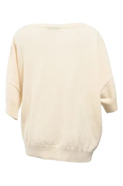 Ivory merino wool and cashmere-blend knit V-neck dolman sleeve gathered sweater with gold-finish motif