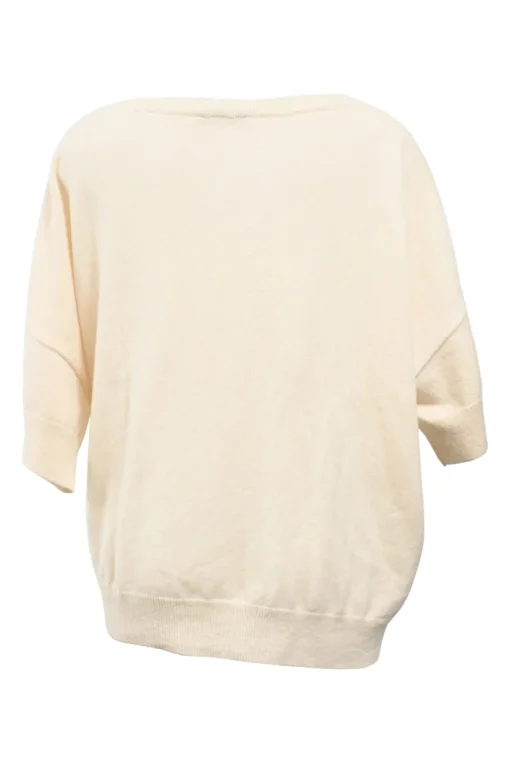 Ivory merino wool and cashmere-blend knit V-neck dolman sleeve gathered sweater with gold-finish motif