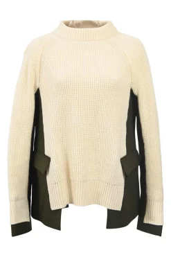 Ivory mixed-media wool knit mock neck sweater with army green melton inserts