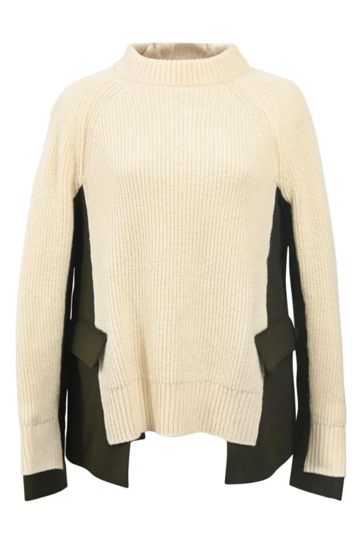 Ivory mixed-media wool knit mock neck sweater with army green melton inserts