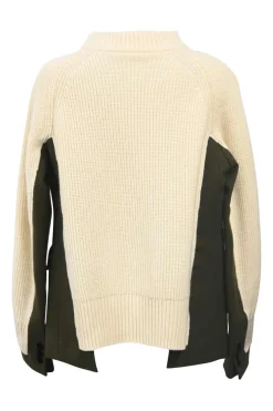 Ivory mixed-media wool knit mock neck sweater with army green melton inserts
