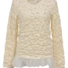 Ivory nylon-wool floral-embroidered tulle-trimmed long sleeve top