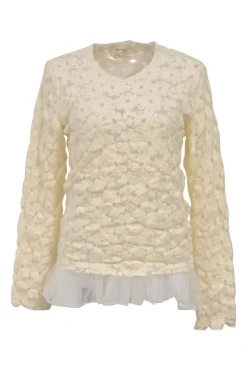 Ivory nylon-wool floral-embroidered tulle-trimmed long sleeve top