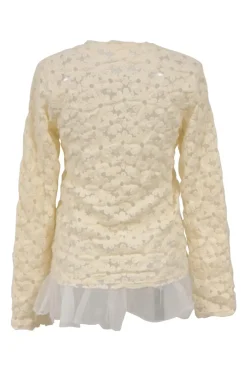 Ivory nylon-wool floral-embroidered tulle-trimmed long sleeve top