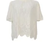 Ivory paisley-embroidered eyelet cotton half-sleeve scalloped hem blouse with ruffled collar