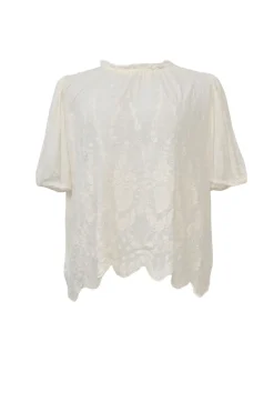 Ivory paisley-embroidered eyelet cotton half-sleeve scalloped hem blouse with ruffled collar