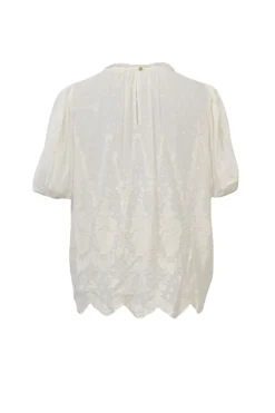 Ivory paisley-embroidered eyelet cotton half-sleeve scalloped hem blouse with ruffled collar