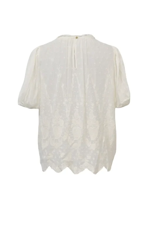 Ivory paisley-embroidered eyelet cotton half-sleeve scalloped hem blouse with ruffled collar