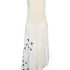 Ivory paneled bias-cut linen swallow block print tie-back Grecian neck asymmetric midi dress