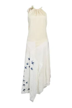 Ivory paneled bias-cut linen swallow block print tie-back Grecian neck asymmetric midi dress