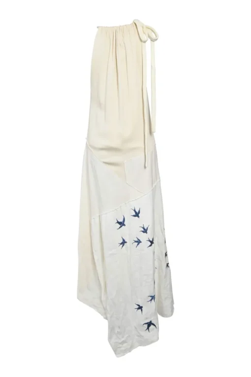 Ivory paneled bias-cut linen swallow block print tie-back Grecian neck asymmetric midi dress
