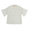 Ivory paneled polyester novelty guipure lace flounce sleeve peek-a-boo top with scalloped hem