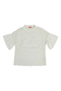 Ivory paneled polyester novelty guipure lace flounce sleeve peek-a-boo top with scalloped hem