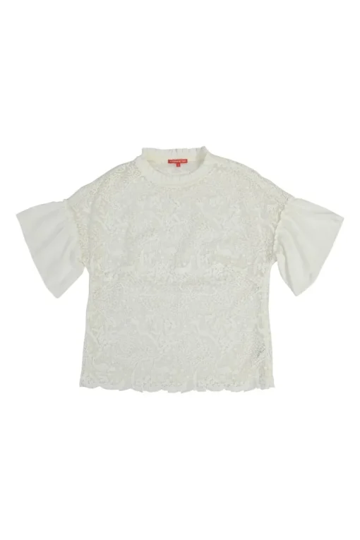 Ivory paneled polyester novelty guipure lace flounce sleeve peek-a-boo top with scalloped hem