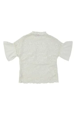 Ivory paneled polyester novelty guipure lace flounce sleeve peek-a-boo top with scalloped hem
