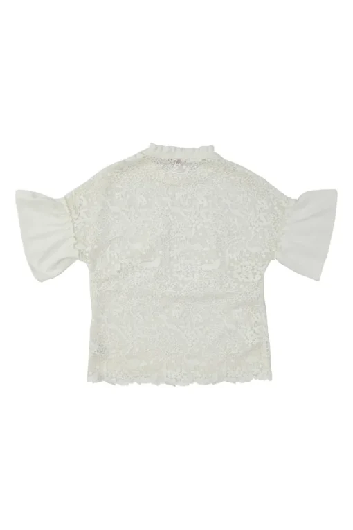Ivory paneled polyester novelty guipure lace flounce sleeve peek-a-boo top with scalloped hem