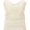 Ivory panelled cotton broderie Anglaise V-neck cami top with adjustable spaghetti straps and scalloped hem