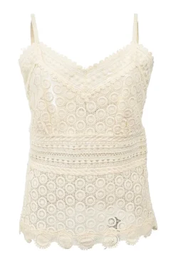 Ivory panelled cotton broderie Anglaise V-neck cami top with adjustable spaghetti straps and scalloped hem