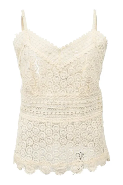 Ivory panelled cotton broderie Anglaise V-neck cami top with adjustable spaghetti straps and scalloped hem