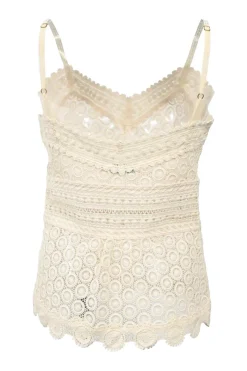 Ivory panelled cotton broderie Anglaise V-neck cami top with adjustable spaghetti straps and scalloped hem