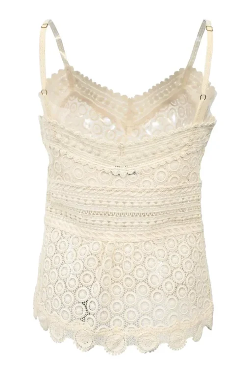 Ivory panelled cotton broderie Anglaise V-neck cami top with adjustable spaghetti straps and scalloped hem