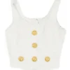 Ivory polyamide bouclé tweed coat of arms shank button-embellished zip-up bustier top