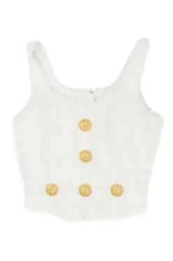 Ivory polyamide bouclé tweed coat of arms shank button-embellished zip-up bustier top