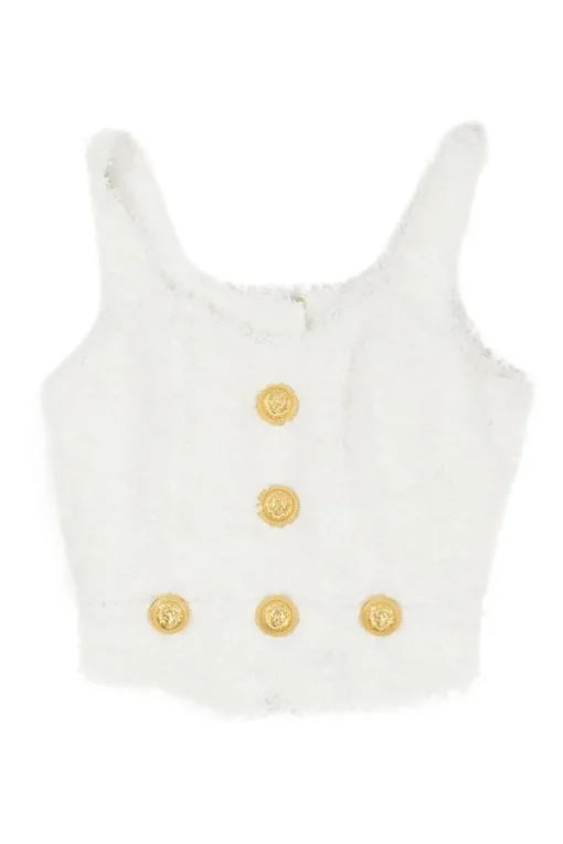 Ivory polyamide bouclé tweed coat of arms shank button-embellished zip-up bustier top