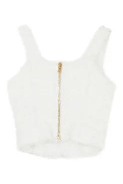 Ivory polyamide bouclé tweed coat of arms shank button-embellished zip-up bustier top