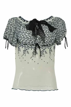 Ivory polyamide floral broderie Anglaise mesh tie-front empire-waist blouse with cap sleeves and lettuce hems