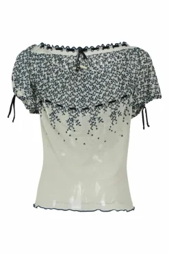 Ivory polyamide floral broderie Anglaise mesh tie-front empire-waist blouse with cap sleeves and lettuce hems