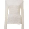 Ivory polyamide-blend mesh lace funnel collar pullover long sleeve popcorn top