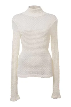 Ivory polyamide-blend mesh lace funnel collar pullover long sleeve popcorn top