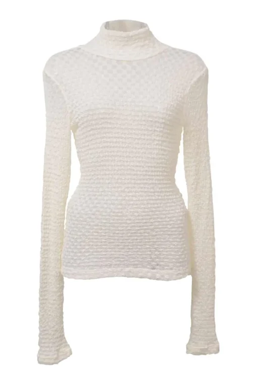 Ivory polyamide-blend mesh lace funnel collar pullover long sleeve popcorn top