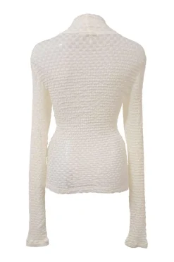 Ivory polyamide-blend mesh lace funnel collar pullover long sleeve popcorn top