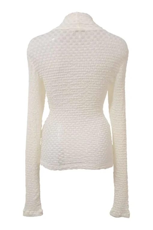 Ivory polyamide-blend mesh lace funnel collar pullover long sleeve popcorn top