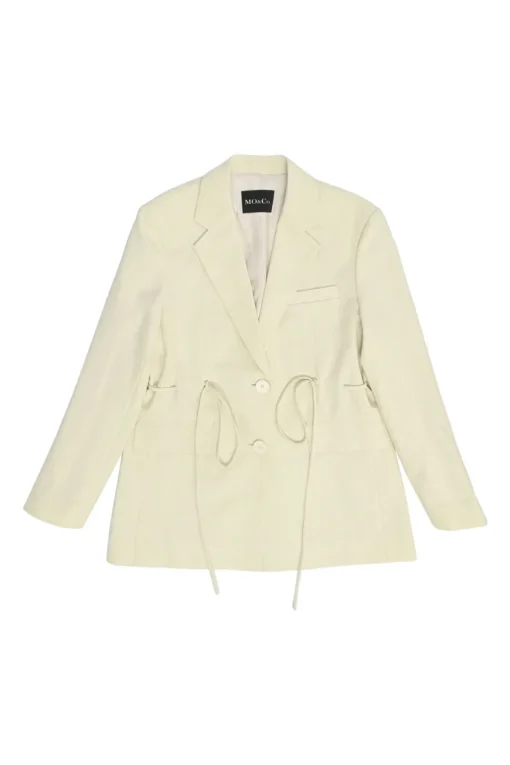 Ivory polyester single breasted notch lapel tailored jacket with drawstring waist and babydoll dress set
