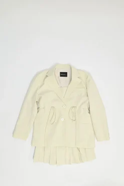 Ivory polyester single breasted notch lapel tailored jacket with drawstring waist and babydoll dress set