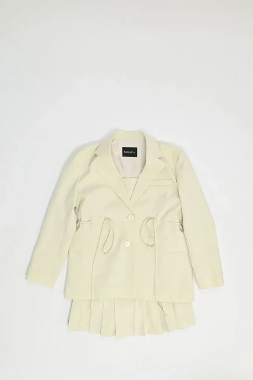 Ivory polyester single breasted notch lapel tailored jacket with drawstring waist and babydoll dress set
