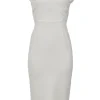 Ivory polyester-blend cap sleeve sheath dress with exposed metallic rear zip fastening