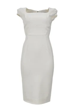 Ivory polyester-blend cap sleeve sheath dress with exposed metallic rear zip fastening