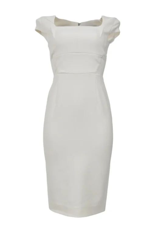 Ivory polyester-blend cap sleeve sheath dress with exposed metallic rear zip fastening