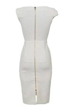Ivory polyester-blend cap sleeve sheath dress with exposed metallic rear zip fastening