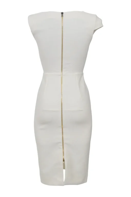 Ivory polyester-blend cap sleeve sheath dress with exposed metallic rear zip fastening