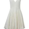 Ivory polyester-blend crochet plunge neck handkerchief peek-a-boo A-line dress
